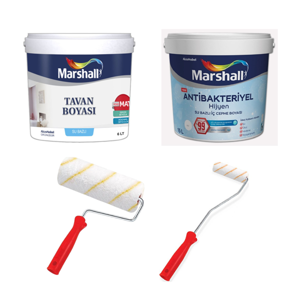 Marshall Antibakteriyel Hijyen Silinebilir İç Cephe Boyası  15 Lt + Marshall Tavan Boyası 10 Kg  Boya Fırça Seti 