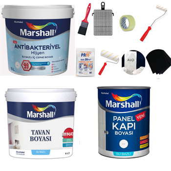 Marshall Antibakteriyel Hijyen Silinebilir İç Cephe Boyası  15Lt + Tavan Boyası 10Kg + Marshall Panel Tavan Boyası Beyaz Su Bazlı 2,5 Lt Boyama Seti
