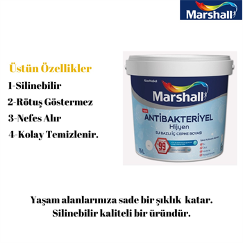 Marshall Antibakteriyel Hijyen Silinebilir İç Cephe Boyası  15 Lt + Marshall Tavan Boyası 10 Kg  Boya Seti 2'li
